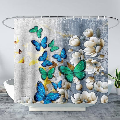 AILONEN Colorful Butterfly Shower Curtain for Girls Women Retro Flower Butterfly Bathroom Decor,Flying Butterfly Vintage Bath Curtain 48" W*72" H Polyester Waterproof Bathroom Curtain with 12 Hooks