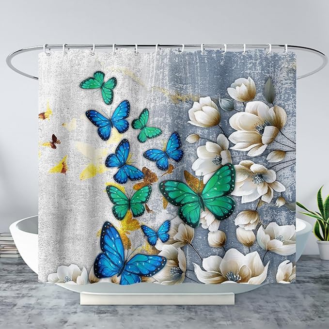 AILONEN Colorful Butterfly Shower Curtain for Girls Women Retro Flower Butterfly Bathroom Decor,Flying Butterfly Vintage Bath Curtain 72" W*96" H Polyester Waterproof Bathroom Curtain with 12 Hooks
