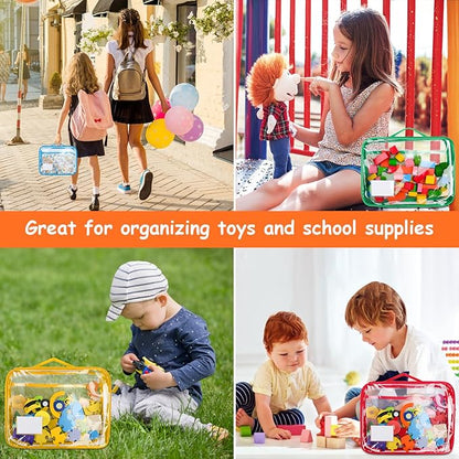 4 Pack Toy Storage Organizer Bag for Lego Bricks, Clear PVC Zippered Blocks Set with Manual Pocket& Name Tag, Waterproof Toy Carrying Case for Board Games& Building Blocks (Large, Colorful)