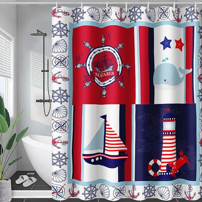 AILONEN Ocean Voyage Shower Curtain 72" W*96" H Coast Whale Lighthouse Rudder Ocean Animal Theme Bathroom Curtain,Teen Men Boys Curtain Polyester Waterproof Seafarer Bathroom Curtain with 12 Hooks