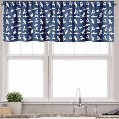 Ambesonne Shark Valance & Tier Curtain 3 pcs Set, Fish Pattern Various Gestures Have a Bite Danger Humor Nautical Design, Window Treatments for Kitchen Room Decor, 55" x 30", Blue Violet