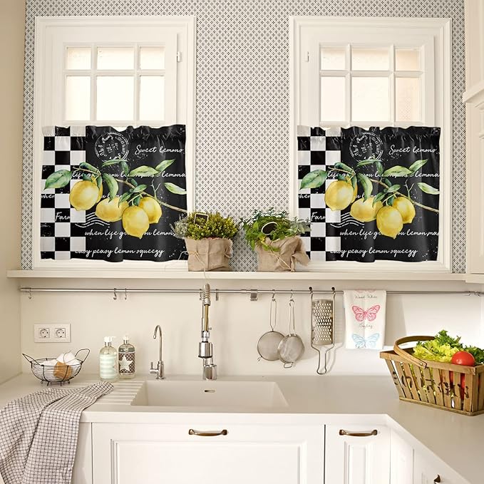 Kitchen Curtains and Valances Set,Summer Tropical Lemon Window Treatments Tiers Buffalo Plaid Black White Semi Sheer Half/Short Curtains for Small Windows Cafe /Living Room/ Bedroom 54x24 in, 3-Piece