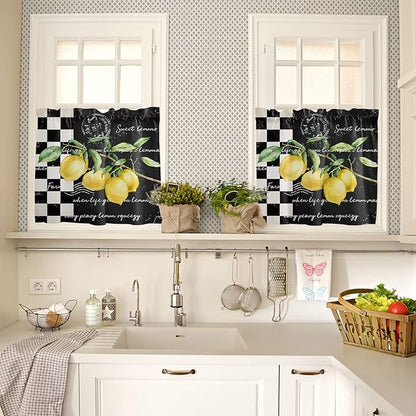 Kitchen Curtains and Valances Set,Summer Tropical Lemon Window Treatments Tiers Buffalo Plaid Black White Semi Sheer Half/Short Curtains for Small Windows Cafe /Living Room/ Bedroom 54x24 in, 3-Piece