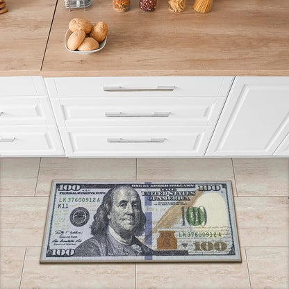 Machine Washable $100 Bill Design Non-Slip Rubberback 17x43 Modern Runner Rug for Hallway, Kitchen, Bedroom, 17" x 43", Multicolor
