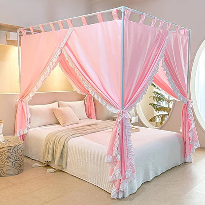 AIKASY Peach Pink Canopy Bed Curtains with Top Ties and Tie Backs for Bedroom Decoration - Queen Size Bed Curtains with Windproof and Lightproof Features