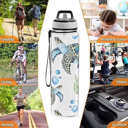 senya Watercolor Sea Turtles Sport Water Bottle with Straw Tritan Clear Bottle for Outdoor Gym Travel