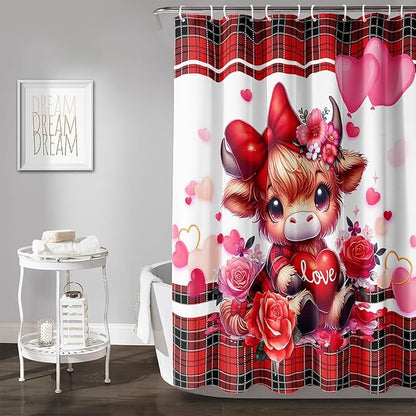 AILONEN Cartoon Yak Shower Curtain Set, Lovely Red Rose Cow Polyester Waterproof Shower Curtain for Bathroom,Love Scottish Tartan Theme Cloth Bath Curtain Set with Hooks,60" Wx72 H