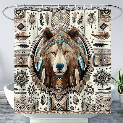 AILONEN Dreamcatcher Wolf Shower Curtain for Bathroom Decor,Retro Boho Wolf Bath Curtain for Kids Boys Girls,Print Polyester Waterproof with 12 Plastic Hooks 48" W*72" H