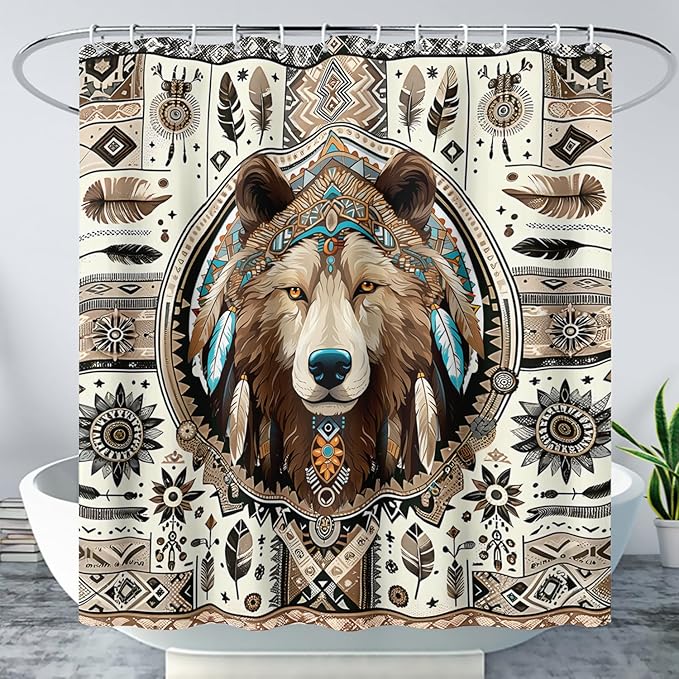 AILONEN Dreamcatcher Wolf Shower Curtain for Bathroom Decor,Retro Boho Wolf Bath Curtain for Kids Boys Girls,Print Polyester Waterproof with 12 Plastic Hooks 72" W*78" H