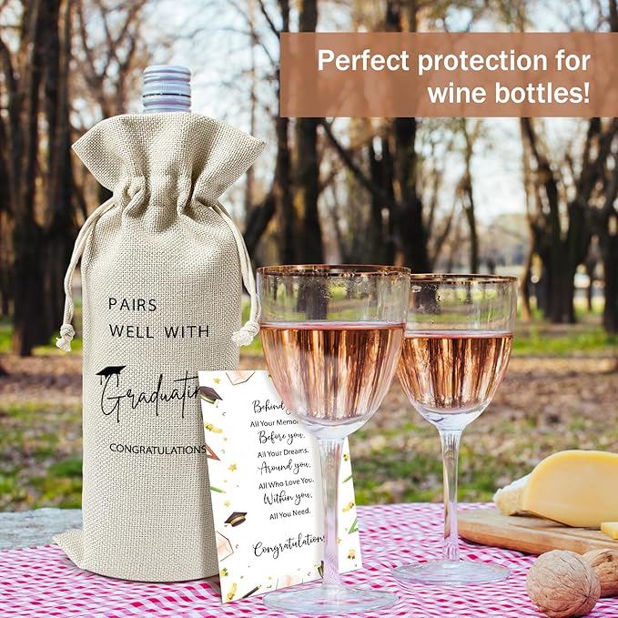 Graduation Wine Gift Bags & Card, Graduation Gifts for Him Her Son Daughter College, Pairs Well With Graduating, 1 pcs Reusable Burlap Wine Gift Bags for Wine Bottles, Graduation Party Decor Favor -25