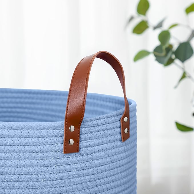 80L Large Rope Basket, Woven Rope Storage Basket with Leather Handles, Dog Toy Storage Basket, Bedroom, Nursery Blanket Storage, Bathroom Laundry Basket, 16“x20” Tall Rope Basket (Blue)