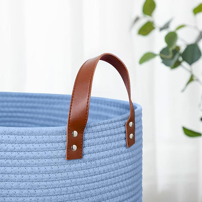 80L Large Rope Basket, Woven Rope Storage Basket with Leather Handles, Dog Toy Storage Basket, Bedroom, Nursery Blanket Storage, Bathroom Laundry Basket, 16“x20” Tall Rope Basket (Blue)