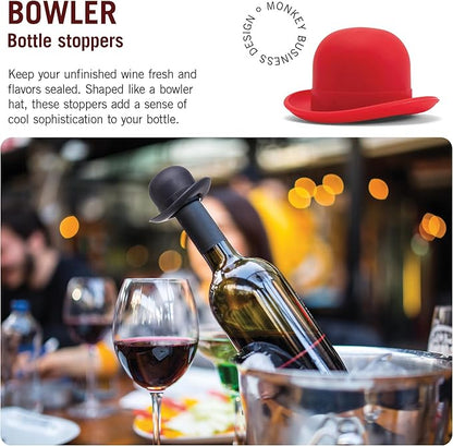 Monkey Business Silicone Wine Stopper | Seals Bottle and Keeps Wine Fresh/Cute Wine Accessories/Kitchen Gadgets/Bowler Hat Bottle Stopper (Set of 2)