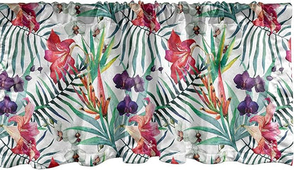 Ambesonne Watercolor Flower Window Valance, Tropical Wild Orchid Flowers with Palm Leaves Print Exotic Style Nature, Curtain Valance for Kitchen Bedroom Decor with Rod Pocket, 42" x 18", Multicolor