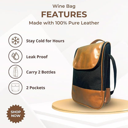 Ax store Wine Leather Tote Bag, Insulated Waterproof Cooler Bag for Picnic and Beach, Wine Carrier 2 Bottle, 2 Bottle Wine Bag, Zippered Wine Handbag Transporter for Gift and Travel, Leather Wine Bag