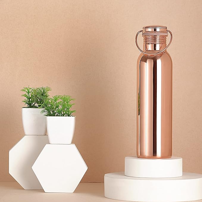 Pure Copper Water Bottle with Handle, 600 Ml, UNLINED, UNCOATED and LACQURED-FREE for Ayurvedic Health Benefits