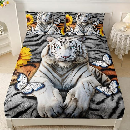 AILONEN Tiger Fitted Sheet Set Queen Size, 3 Pieces White Tiger Fur Printed Bed Sheet Set,Kids Boys Girls Sunflower Tiger Sheet Set,Butterfly Tiger Fitted Sheet with 2 Pillowcases