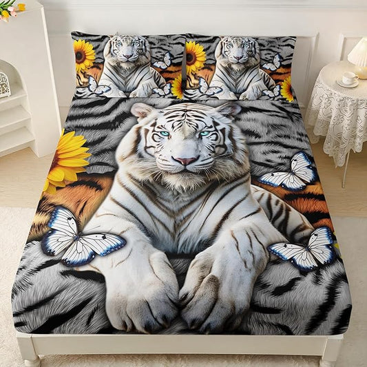 AILONEN Tiger Fitted Sheet Set Queen Size, 3 Pieces White Tiger Fur Printed Bed Sheet Set,Kids Boys Girls Sunflower Tiger Sheet Set,Butterfly Tiger Fitted Sheet with 2 Pillowcases