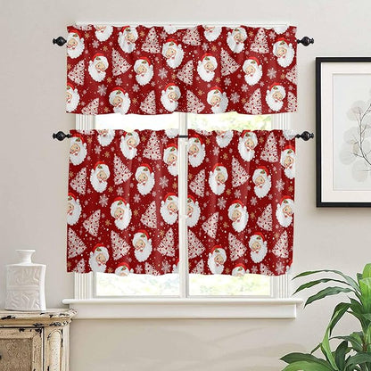 Red Christmas Kitchen Curtains and Valances Set, Santa Claus Merry Christmas Tree Windows Treatments Tiers Half/Short Curtains for Small Windows Cafe/Living Room/Bedroom 54x24 in Winter Snowflake