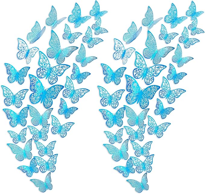 72Pcs 3D Butterfly Wall Decor 3 Sizes 3 Styles, Removable Butterfly Stickers Wall Decals, Butterfly Decorations Party Birthday Cake Decoration for Kids Nursery Wedding Bedroom Room(Blue)