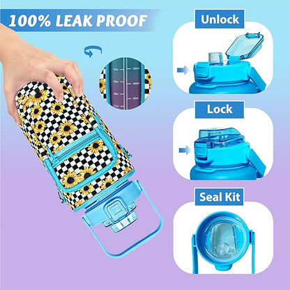 64 oz Water Bottle with Straw Sleeve & Strap Motivational Half Gallon Water Jug with Handle for Gym Women Men Aesthetic Water Bottle with Strap Sunflower