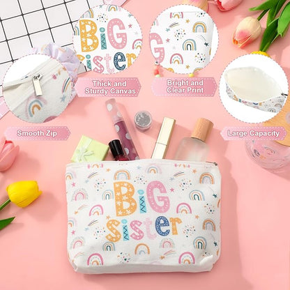 4 Pcs Big Sister Gifts for Girls Cute Big Sister 16oz Glass Tumbler Cup Makeup Bag Sister Bracelet and Scrunchies Best Sister Gift for Little Girls of New Baby Birthday Baby Shower