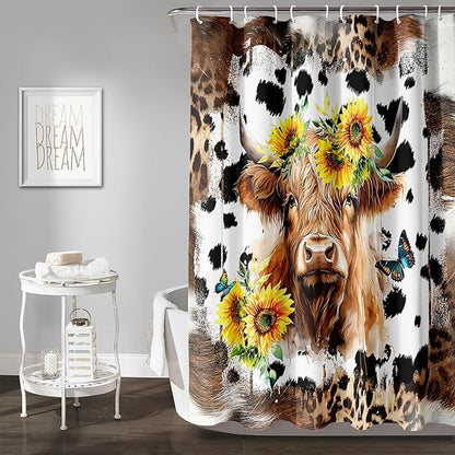 AILONEN Yak Shower Curtains for Kids Boys Girls,Highland Cattle Sunflower Cow Fur Print Bath Curtains for Bathroom Decor,Polyester Waterproof with 12 Plastic Hooks 60" W*72" H