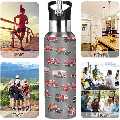 Fire Truck Stainless Steel Water Bottle with Straw Lid - 20 Oz Sports Insulated Water Bottle Thermos for Sport Gym Outdoor Travel School (DZ006)