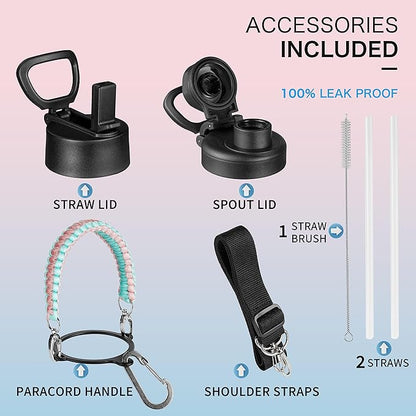 32 oz Insulated Water Bottle with Paracord Handles & Strap, 2 Lids(Straw Lid&Spout Lid), Stainless Steel Reusable Wide Mouth Metal Water Bottle With Straw, Double Walled, Thermo Mug(Rubber Pink)