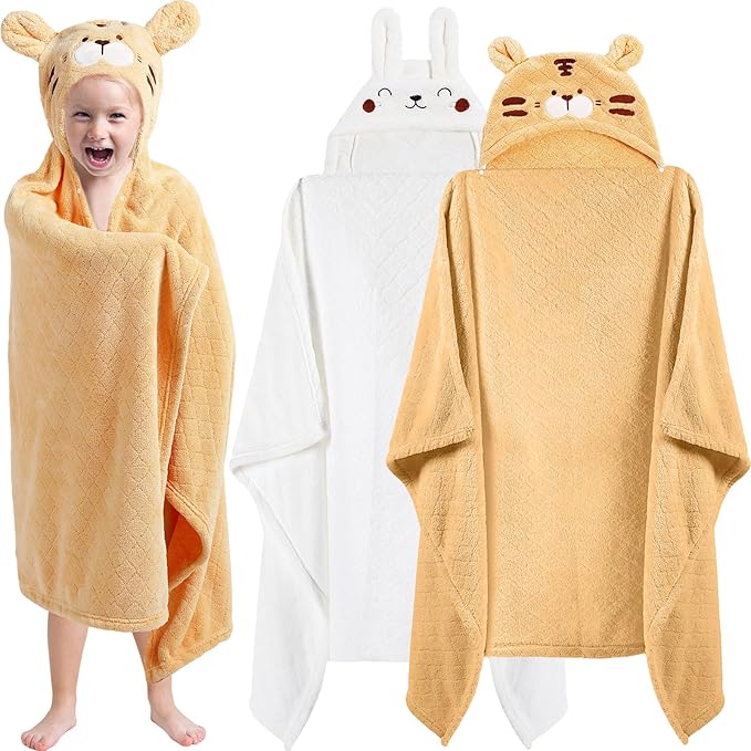 2 Pcs Toddler Hooded Bath Towel 50" x 32'' Thick Animal Hooded Towel for Kid Absorbent Baby Bath Towel Bathrobe Blanket for Boy Girls 0-5 Years(Yellow, White,Tiger, Rabbit)