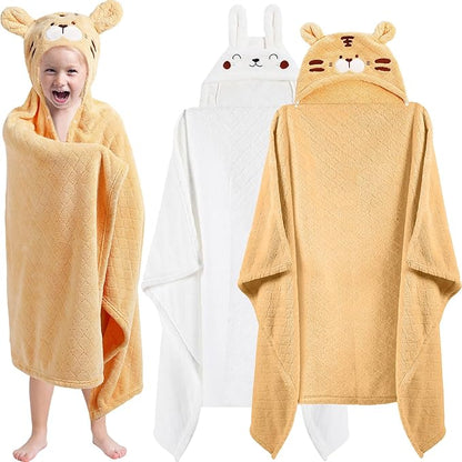 2 Pcs Toddler Hooded Bath Towel 50" x 32'' Thick Animal Hooded Towel for Kid Absorbent Baby Bath Towel Bathrobe Blanket for Boy Girls 0-5 Years(Yellow, White,Tiger, Rabbit)