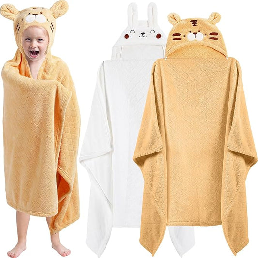 2 Pcs Toddler Hooded Bath Towel 50" x 32'' Thick Animal Hooded Towel for Kid Absorbent Baby Bath Towel Bathrobe Blanket for Boy Girls 0-5 Years(Yellow, White,Tiger, Rabbit)
