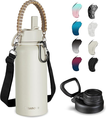 32 oz Insulated Water Bottle with Paracord Handles & Strap, 2 Lids(Straw Lid&Spout Lid), Stainless Steel Reusable Wide Mouth Metal Water Bottle With Straw, Double Walled, Thermo Mug（Cream)