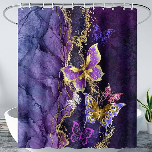 AILONEN Beautiful Butterfly Shower Curtain Bathroom 72" W*72" H Purple Butterfly Curtain Cloth Fabric Bathroom for Girls Kids,Marble Theme Shower Curtain Set