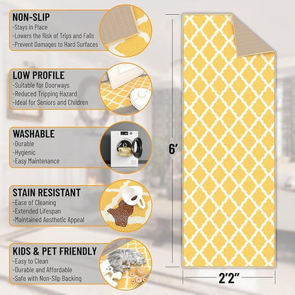 Machine Washable Moroccan Trellis Design Non-Slip Rubberback 2x6 Traditional Indoor Runner Rug for Hallway, Kitchen, Bedroom, 2'2" x 6', Yellow