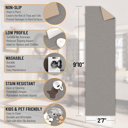 Machine Washable Modern Solid Design Non-Slip Rubberback 3x10 Traditional Runner Rug for Hallway, Kitchen, Bedroom, Living Room, 2'7" x 9'10", Gray