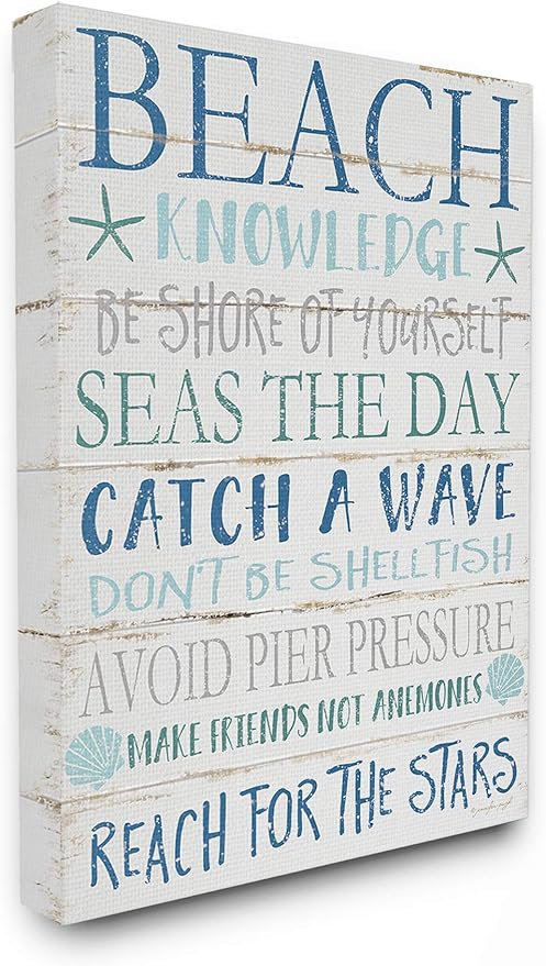Stupell Industries cwp-367 Beach Knowledge Blue Aqua and White Planked Look Sign Wall Art, 30 x 40, Gallery Wrapped Canvas