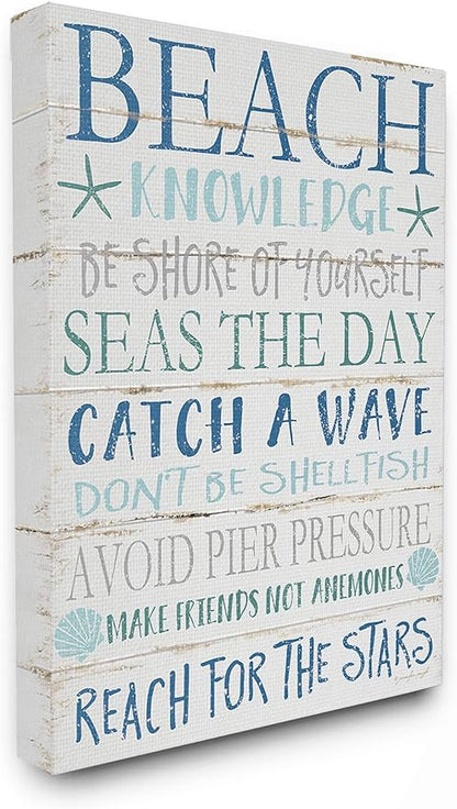 Stupell Industries cwp-367 Beach Knowledge Blue Aqua and White Planked Look Sign Wall Art, 30 x 40, Gallery Wrapped Canvas