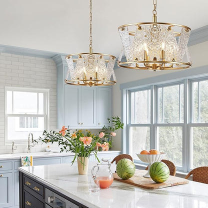 Modern Gold Round Chandelier 6 Light Drum Glass Chandelier Light Fixture18in Hammered Glass Chandelier for Dining Room Kitchen Entryway Bedroom Breakfast Nook