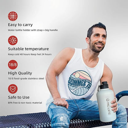 64oz Insulated Water Bottle With Handle, Stainless Steel Thermos With Straw, Water Bottle Holder With Strap, Half Gallon Water Jug, For Water, Iced Tea Or Coffee, On Gym (White)