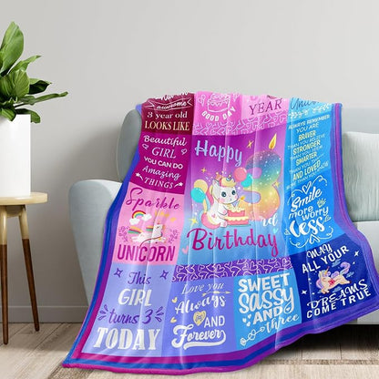 3 Year Old Girl Birthday Gift Ideas Blanket, Gifts for 3 Year Old Girl, 3 Year Old Birthday Decorations Girl, Three Year Old Girl Birthday Gifts, 3rd Birthday Girl Gifts 50"X40"
