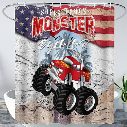 AILONEN Monster Truck Shower Curtain, American Flag Truck Bath Curtain for Boys,Red Truck Car Bathroom Decor Waterproof Fabric 72" W*78" H Inch with 12 Plastic Hooks