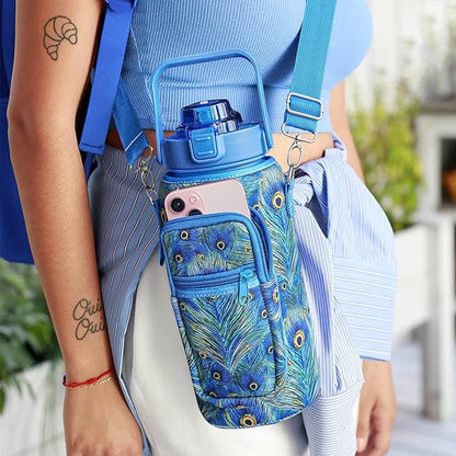 Peacock Half Gallon Water Bottle with Sleeve Water Bottle 64 Oz Water Bottle with Time Marker, Leakproof-Free Drinking Water Bottle, Sports Water Bottle Peacock Feather Half Gallon Water Jugs