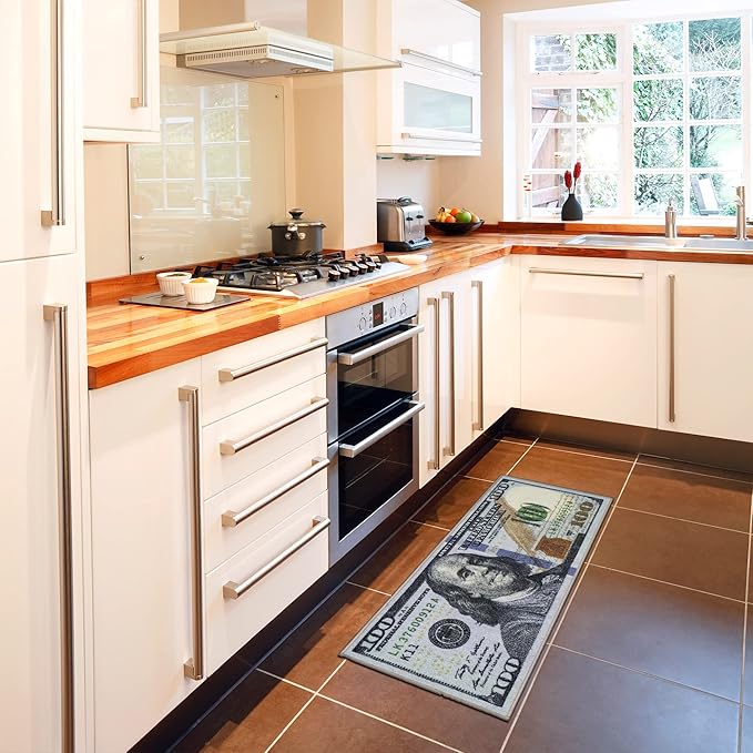Machine Washable $100 Bill Design Non-Slip Rubberback 17x43 Modern Runner Rug for Hallway, Kitchen, Bedroom, 17" x 43", Multicolor