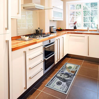Machine Washable $100 Bill Design Non-Slip Rubberback 17x43 Modern Runner Rug for Hallway, Kitchen, Bedroom, 17" x 43", Multicolor