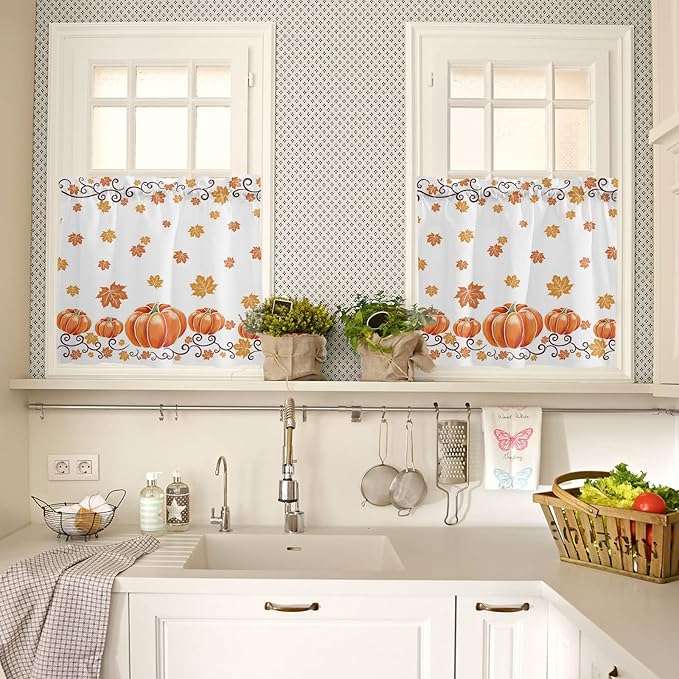 Fall Maple Leaves Kitchen Curtains and Valances Set, Thanksgiving Watercolor Pumpkins Half/Short Curtains for Small Windows Cafe /Living Room/ Bedroom 54x 36 in-,Orange Window Treatments Tiers