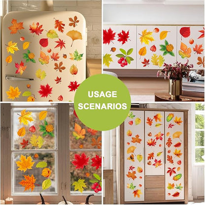 Fall Maple Leaf Window Clings for Glass Windows Autumn Window Static Stickers Double-Sided Leaves Cone Hazelnut Window Door Cling Removable Reusable Stickers Thanksgiving Window Door Decoration