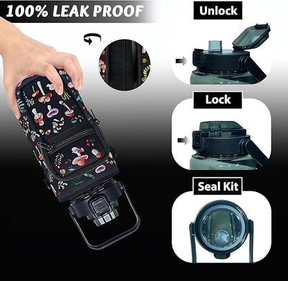 64 oz Water Bottle with Straw Sleeve & Strap Motivational Half Gallon Water Jug with Handle for Gym Women Men Aesthetic Water Bottle with Strap Black Mushroom