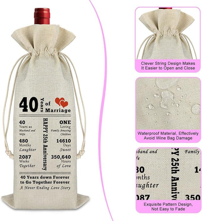 40th Anniversary Wedding Gift for Couple Wine Gift Bag 40 Years of Marriage Gift for Husband Wife Burlap Wine Wrap Bag Anniversary Keepsake Gift Wedding Gift for Grandparents Friend Valentine Gift