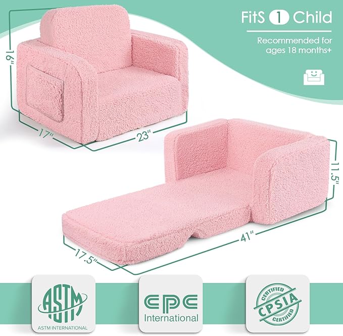 ACRABROS Kids Couch Toddler Chair: Sofa Bed Fold Out for Girls Boys Pink